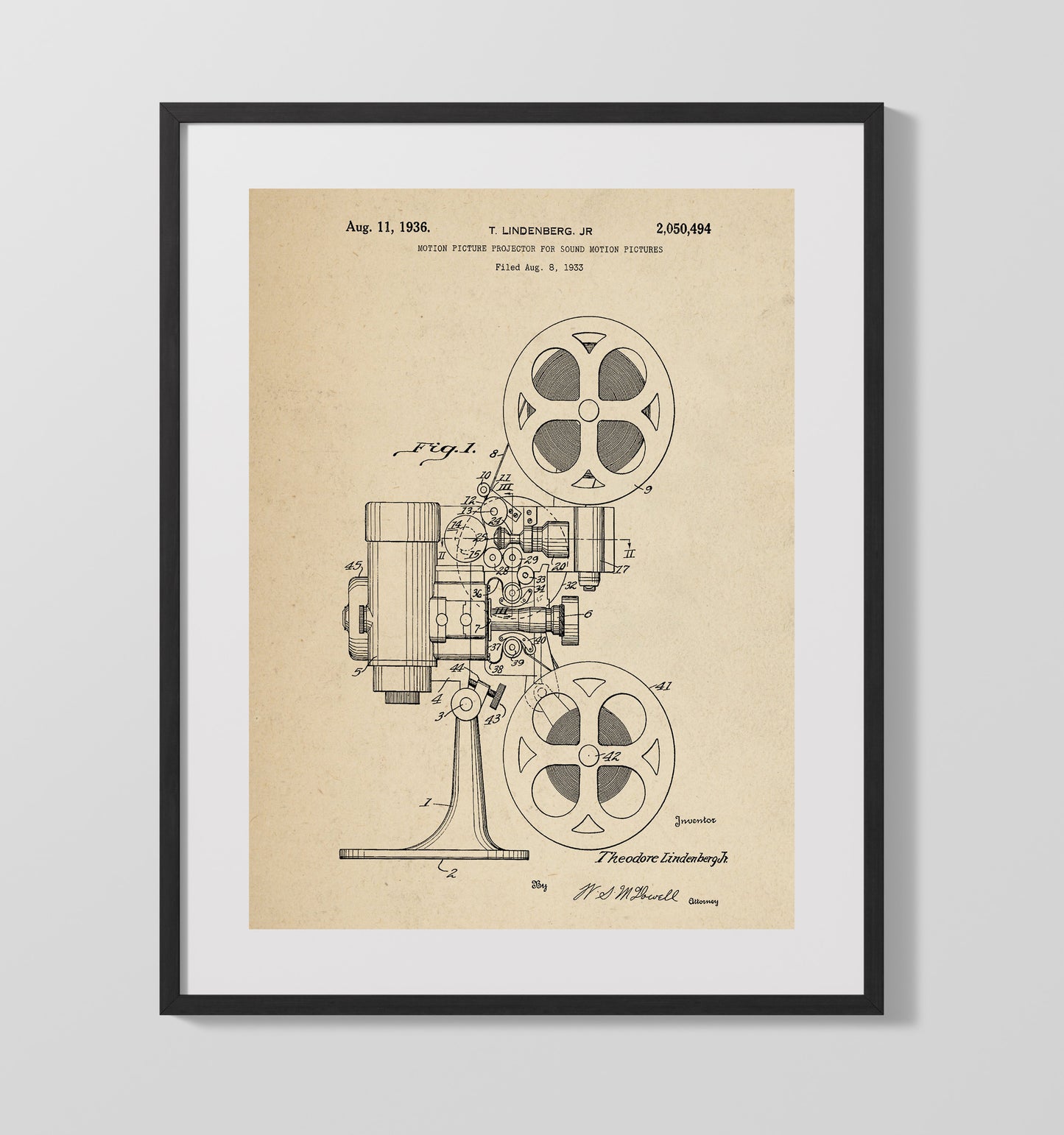 Motion Picture Projector For Sound Motion Pictures 1936 patent print wall art 16x20 Gallery Frame
