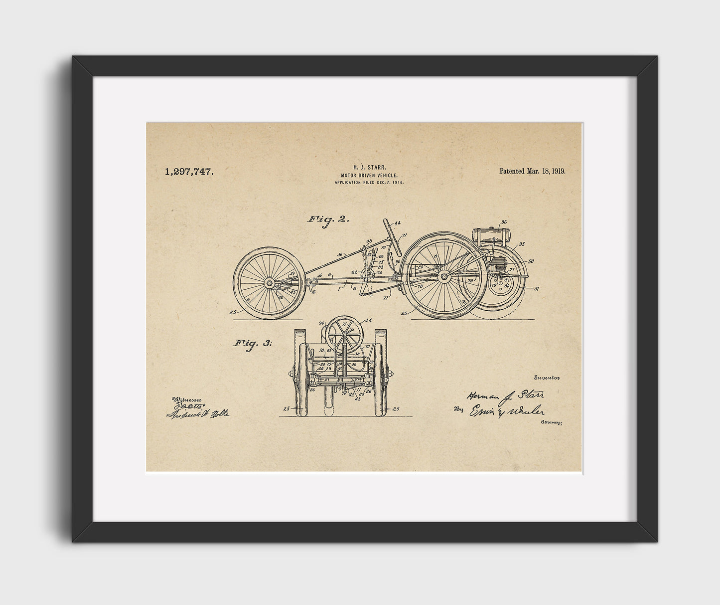 Motor Driven Vehicle 1919 patent print wall art 16x20 Gallery Frame