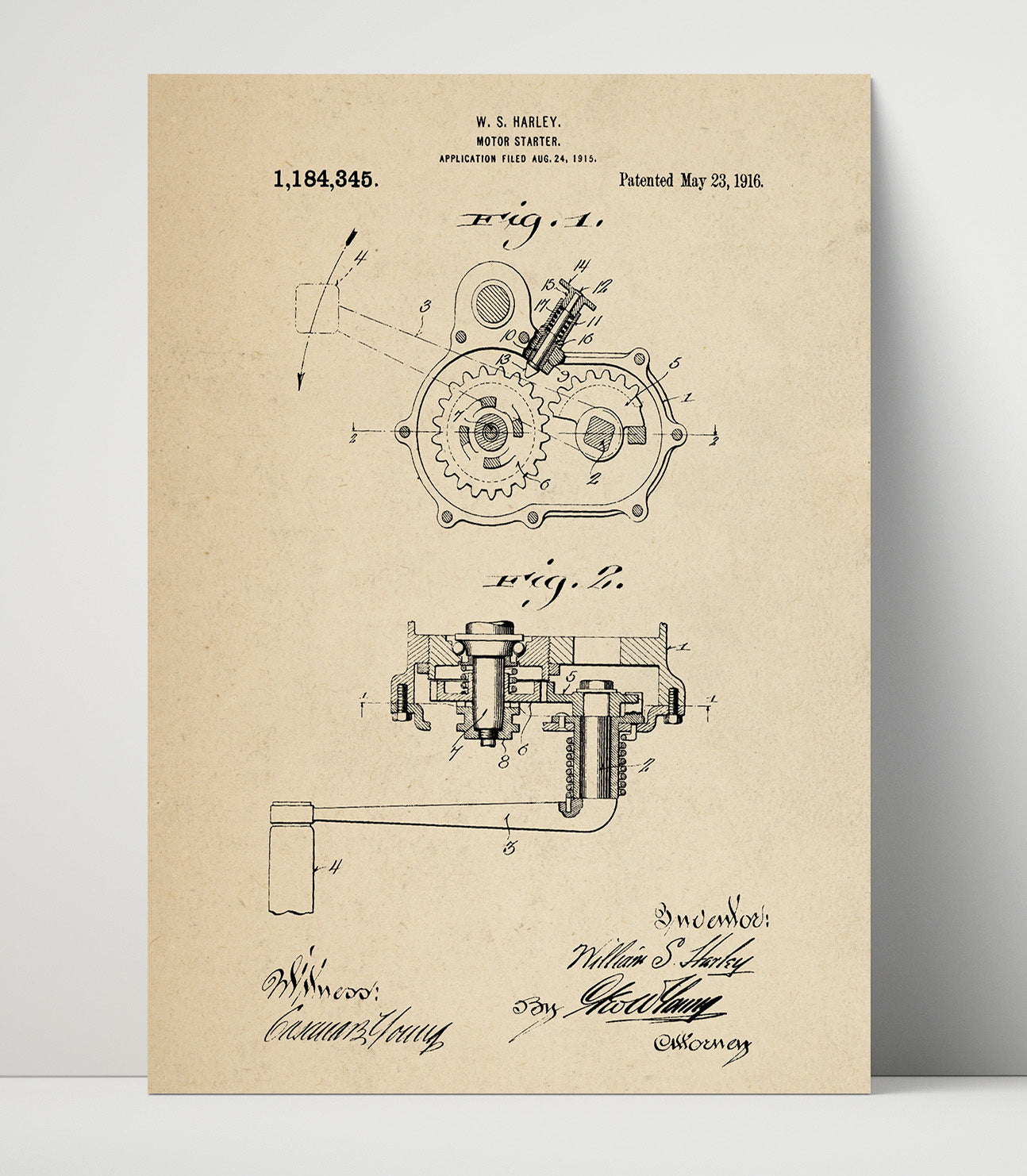 Patent Print - Motor Starter - William S Harley - 1916 - Patent 1184345 Patent Wall Art