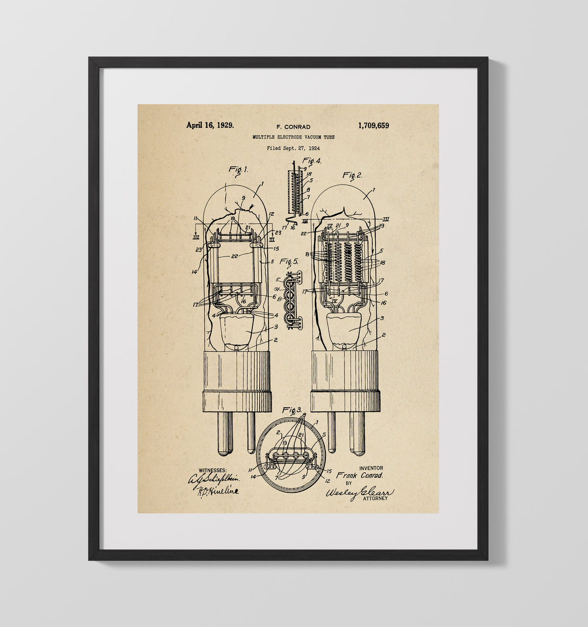 Multiple Electrode Vacuum Tube 1929 patent print wall art 16x20 Gallery Frame
