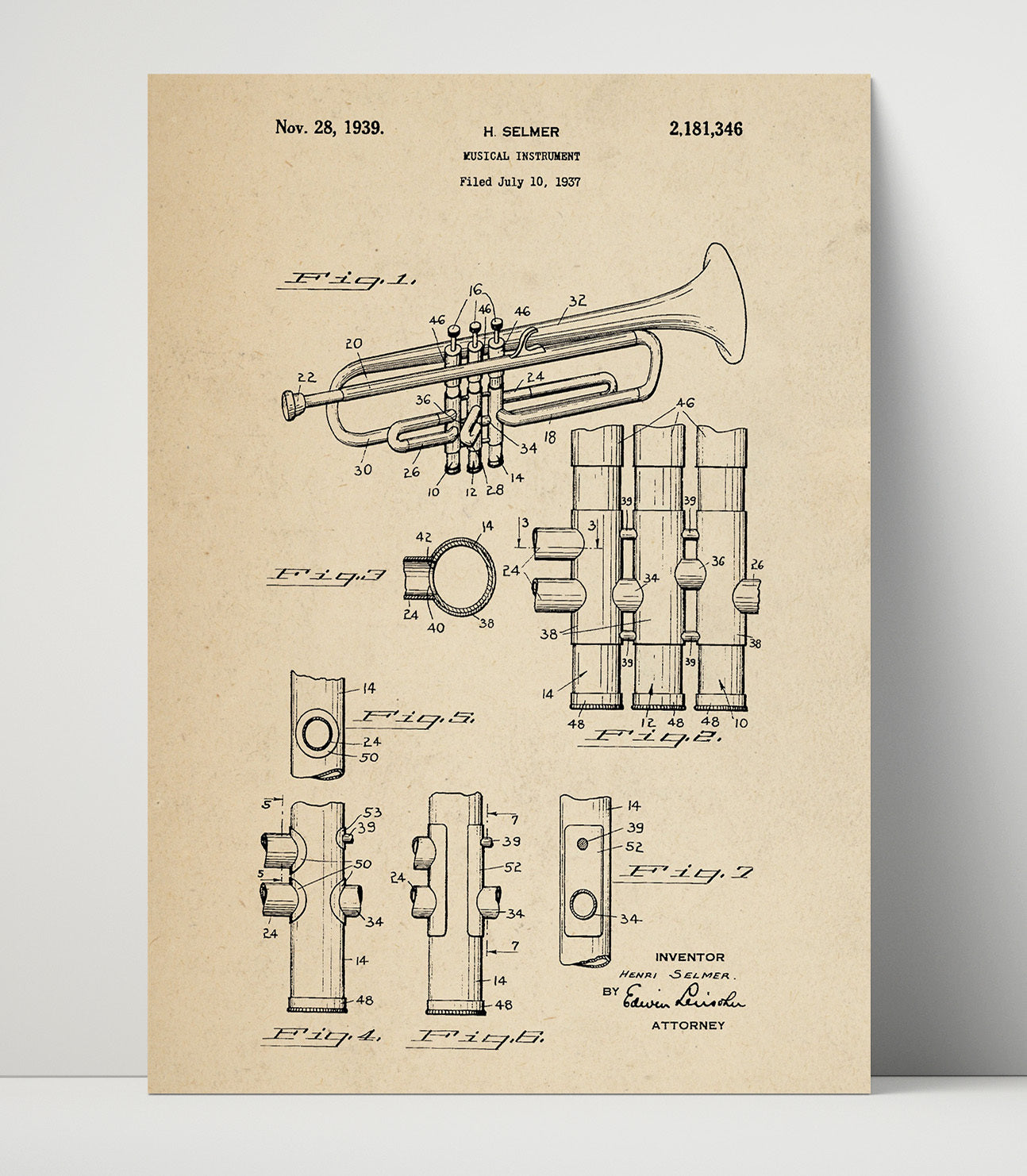 Patent Print - Musical Instrument - Henri Selmer - 1939 - Patent 2181346 Patent Wall Art