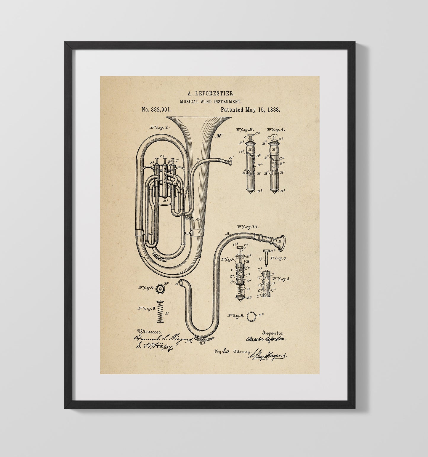 Musical Wind Instrument 1888 patent print wall art 16x20 Gallery Frame
