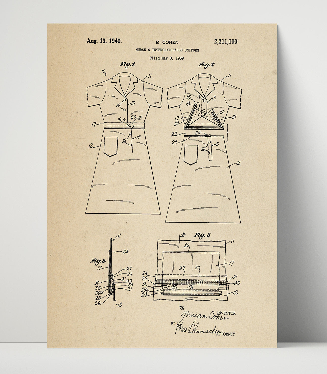 Patent Print - Nurses Interchangeable Uniform - M. Cohen - 1940 - Patent 2211100 Patent Wall Art