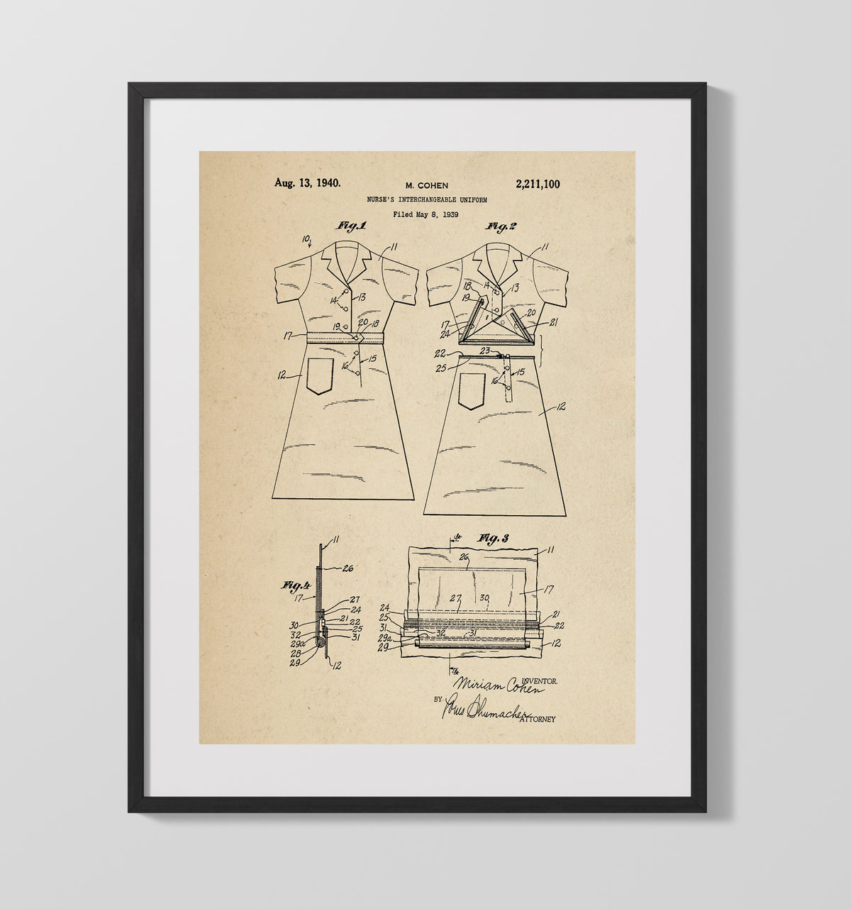Nurses Interchangeable Uniform 1940 patent print wall art 16x20 Gallery Frame