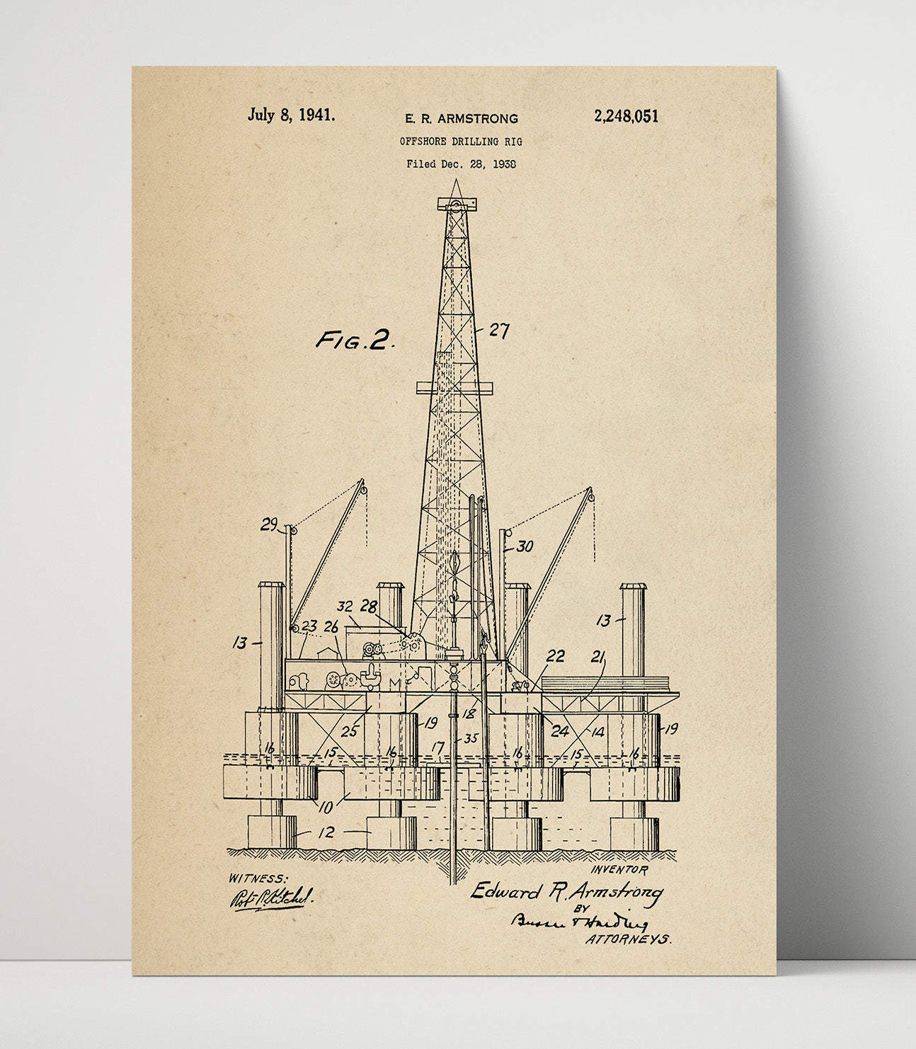 Patent Print - Offshore Drilling Rig - Edward R Armstrong - 1941 - Patent 2248051 Patent Wall Art