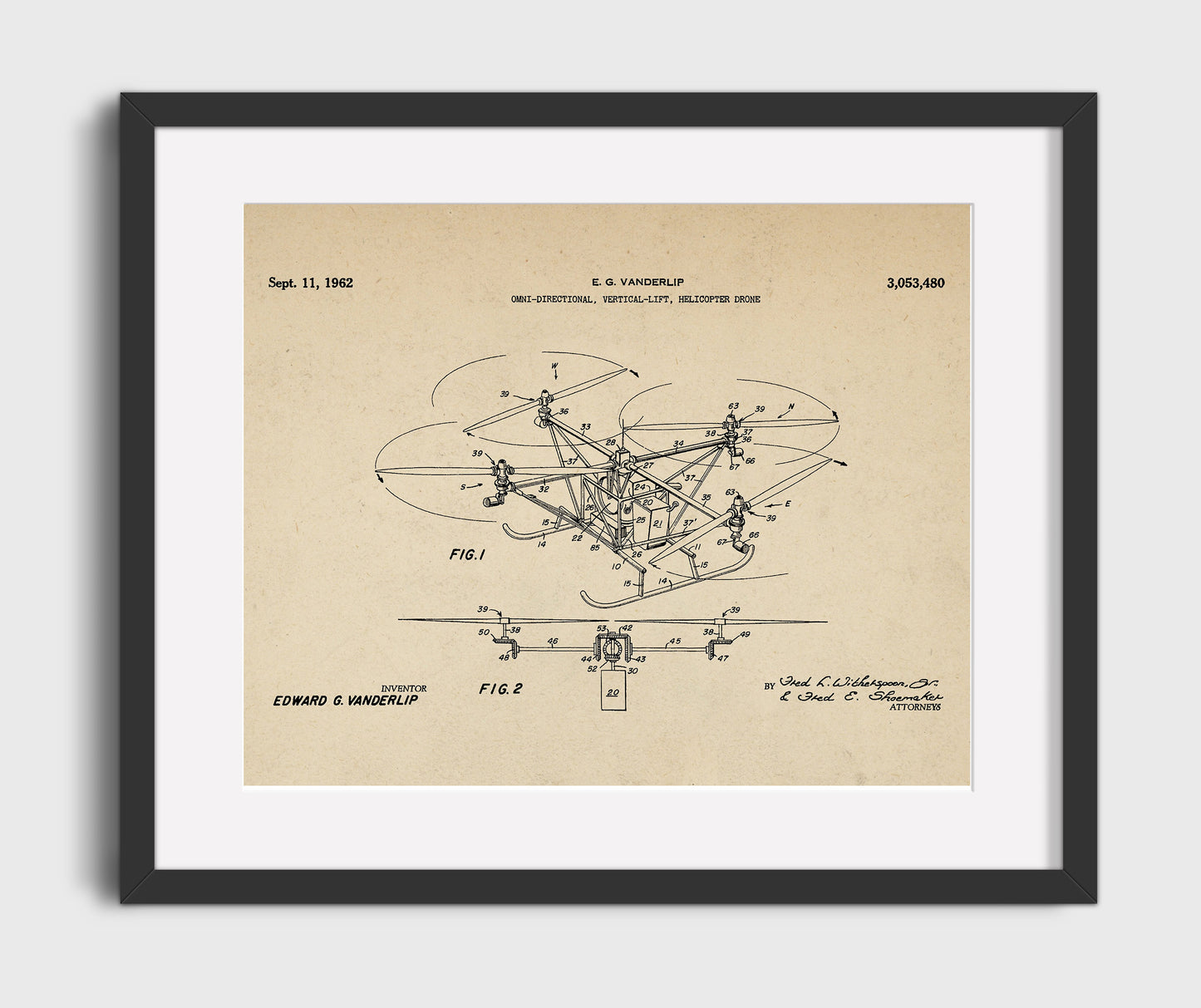 Omni-Directional Vertical-Lift Helicopter Drone 1962 patent print wall art 16x20 Gallery Frame