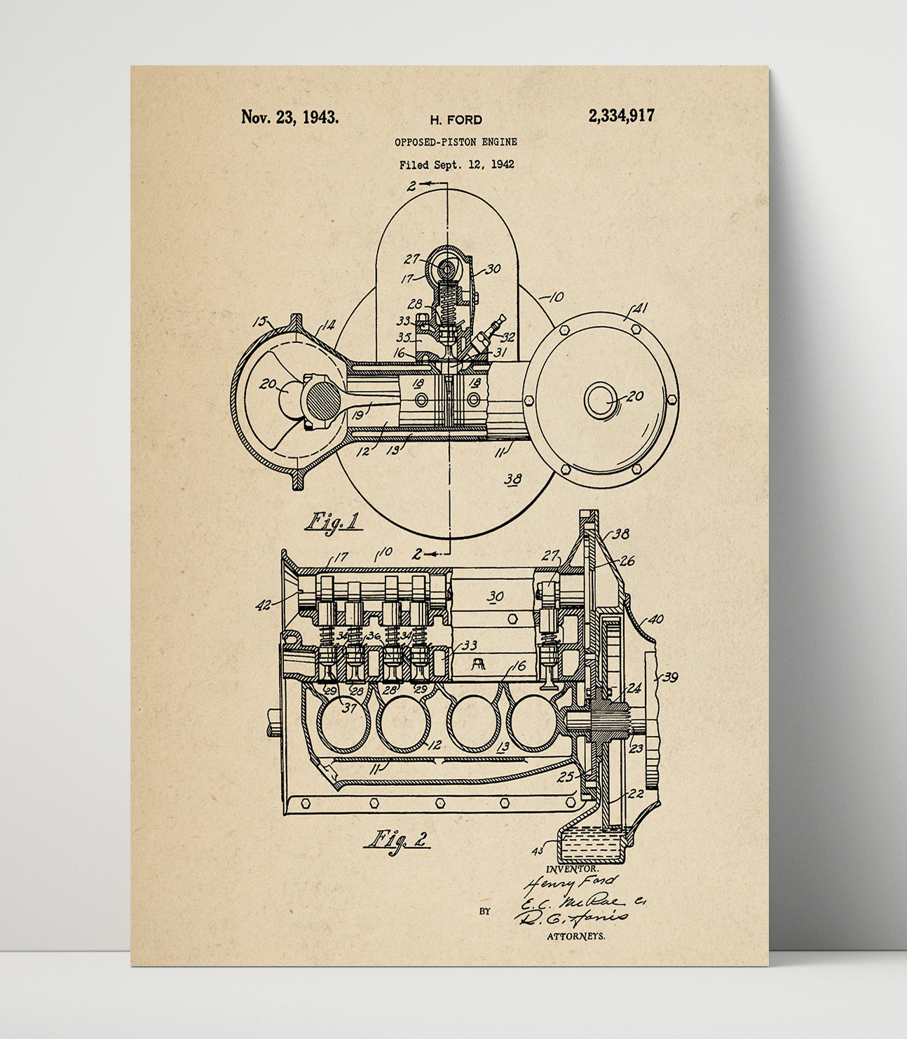 Patent Print - Opposed-Piston Engine - Henry Ford - 1943 - Patent 2334917 Patent Wall Art