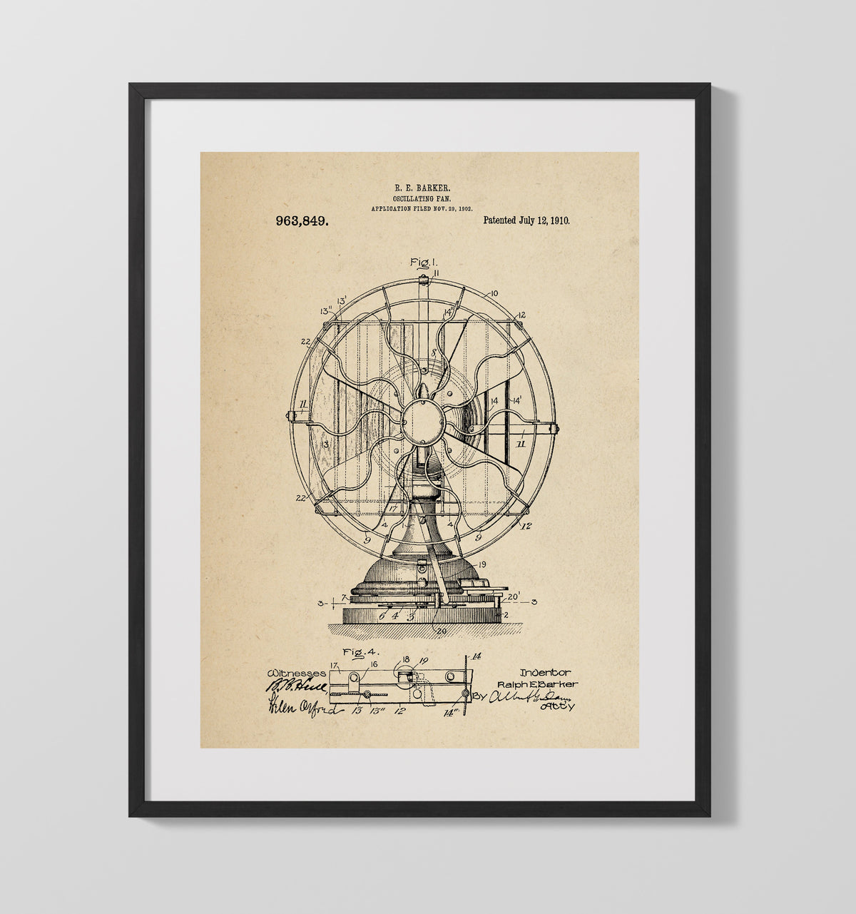 Oscillating Fan 1910 patent print wall art 16x20 Gallery Frame