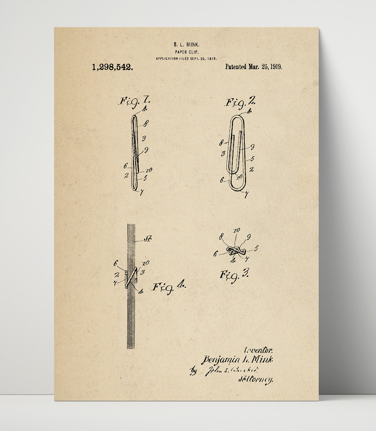 Patent Print - Paper Clip - B. L. Mink - 1919 - Patent 1298542 Patent Wall Art