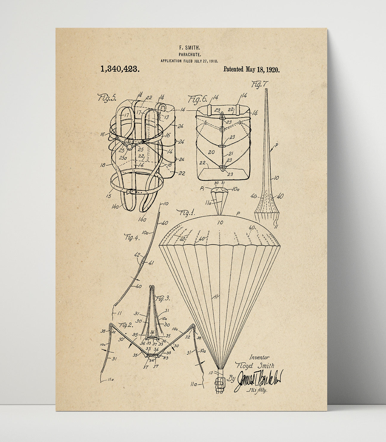 Patent Print - Parachute - Floyd Smith - 1920 - Patent 1340423 Patent Wall Art