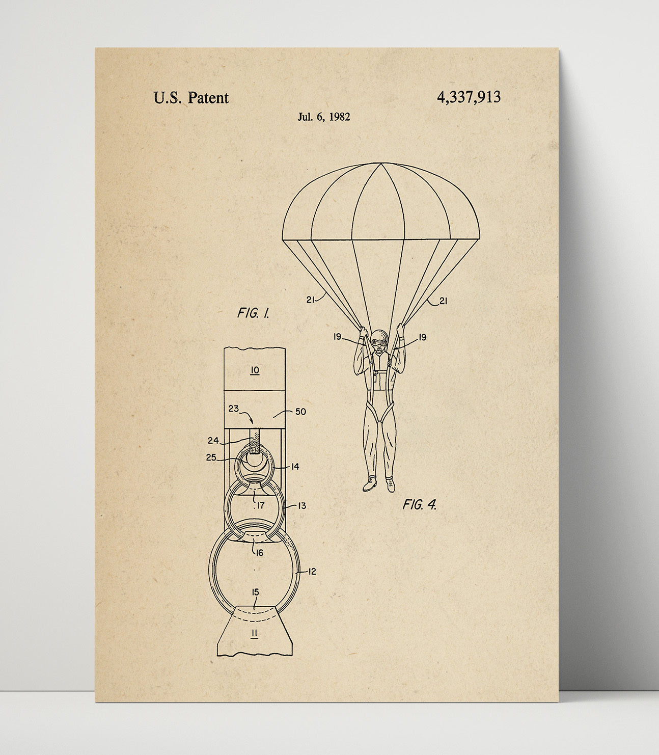 Patent Print - Parachute Harness Release Device - Unknown Inventor - 1982 - Patent 4337913 Patent Wall Art