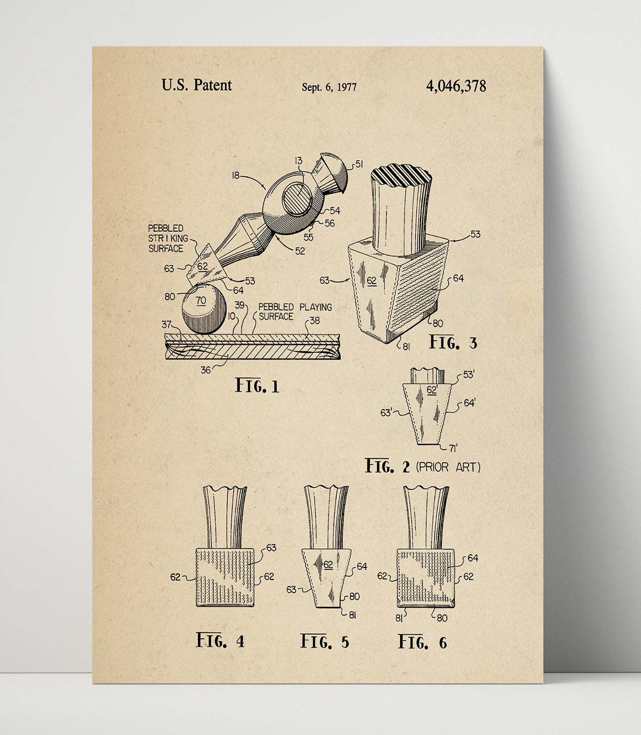 Patent Print - Pebbled Table Tennis Paddle Surface - Unknown Inventor - 1977 - Patent 4046378 Patent Wall Art