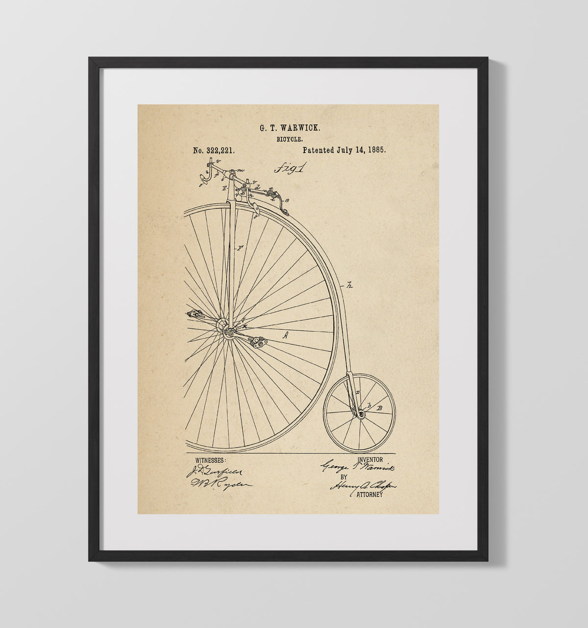 Penny Farthing Bicycle 1885 patent print wall art 16x20 Gallery Frame