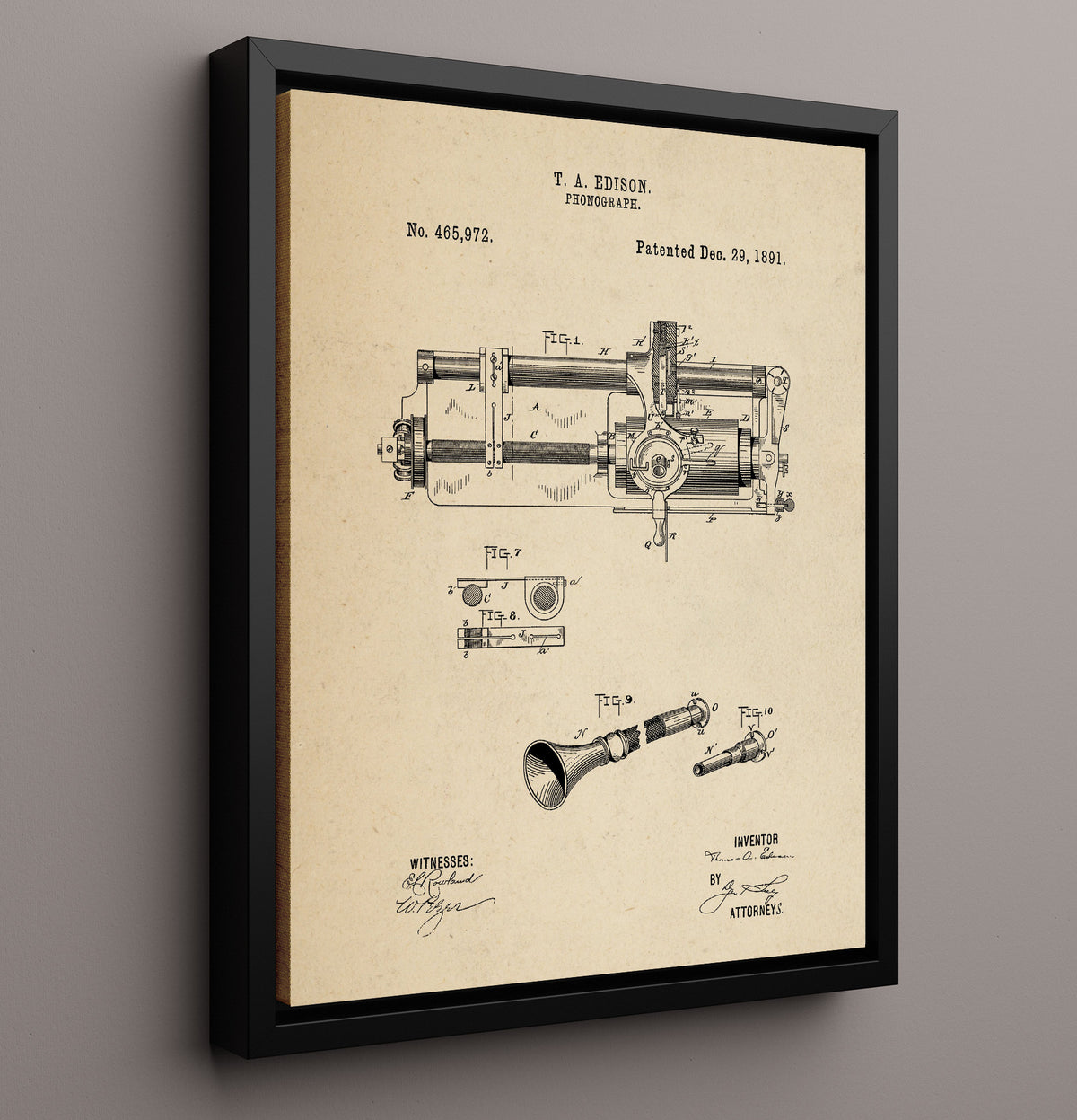 Phonograph - 1891 Patent - 16x20 Framed Canvas