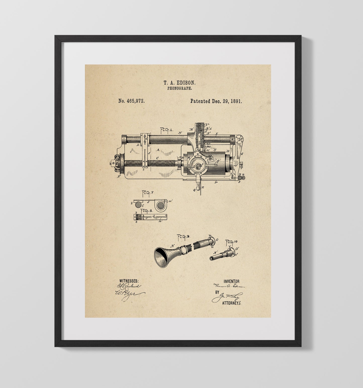 Phonograph 1891 patent print wall art 16x20 Gallery Frame