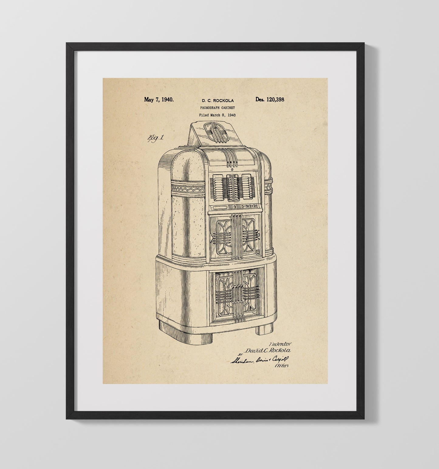 Phonograph Cabinet 1940 patent print wall art 16x20 Gallery Frame
