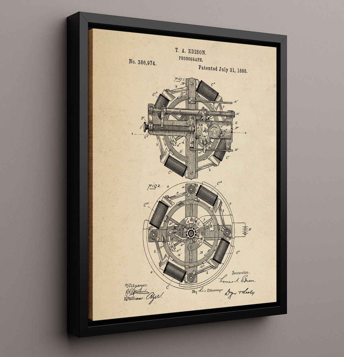 Phonograph Motor Mechanism - 1888 Patent - 16x20 Framed Canvas