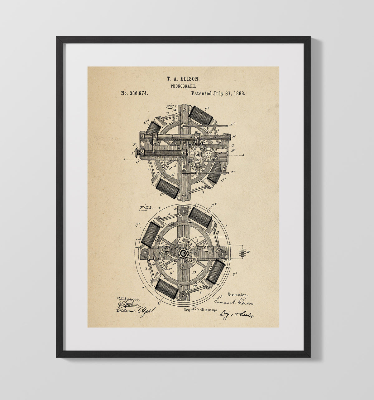 Phonograph Motor Mechanism 1888 patent print wall art 16x20 Gallery Frame