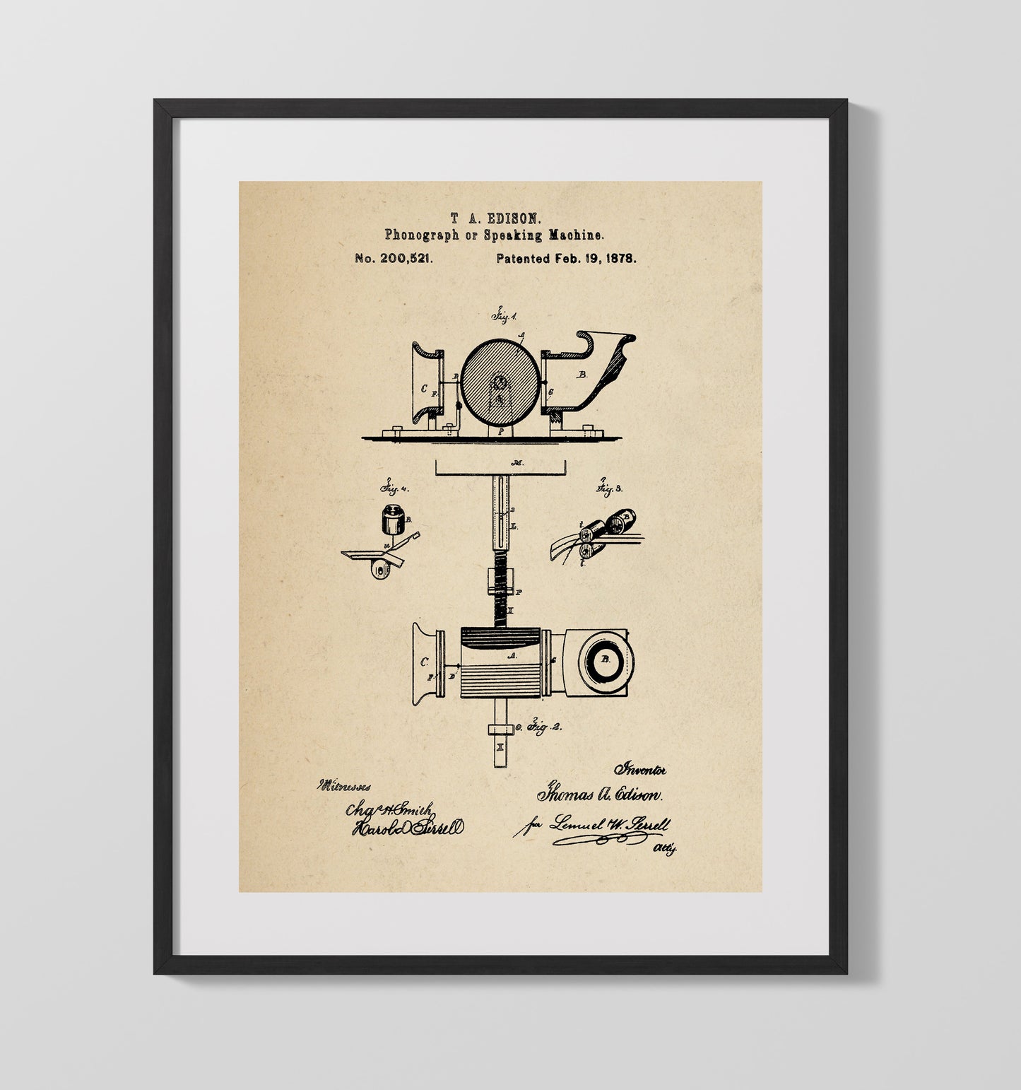 Phonograph Or Speaking Machine 1878 patent print wall art 16x20 Gallery Frame