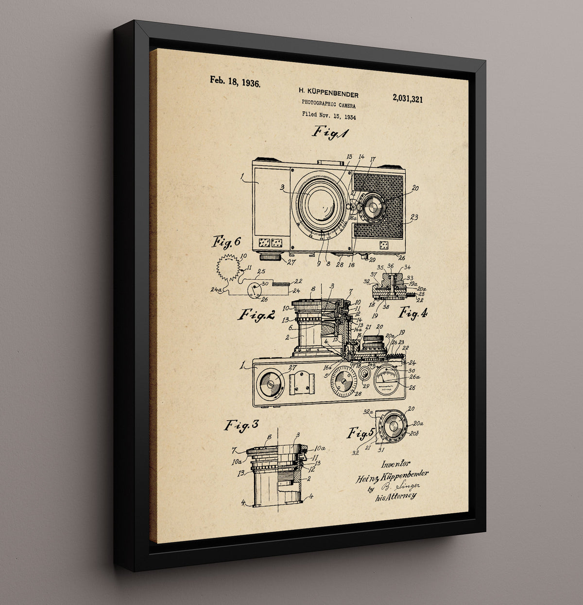 Camera - 1936 Patent - 16x20 Framed Canvas