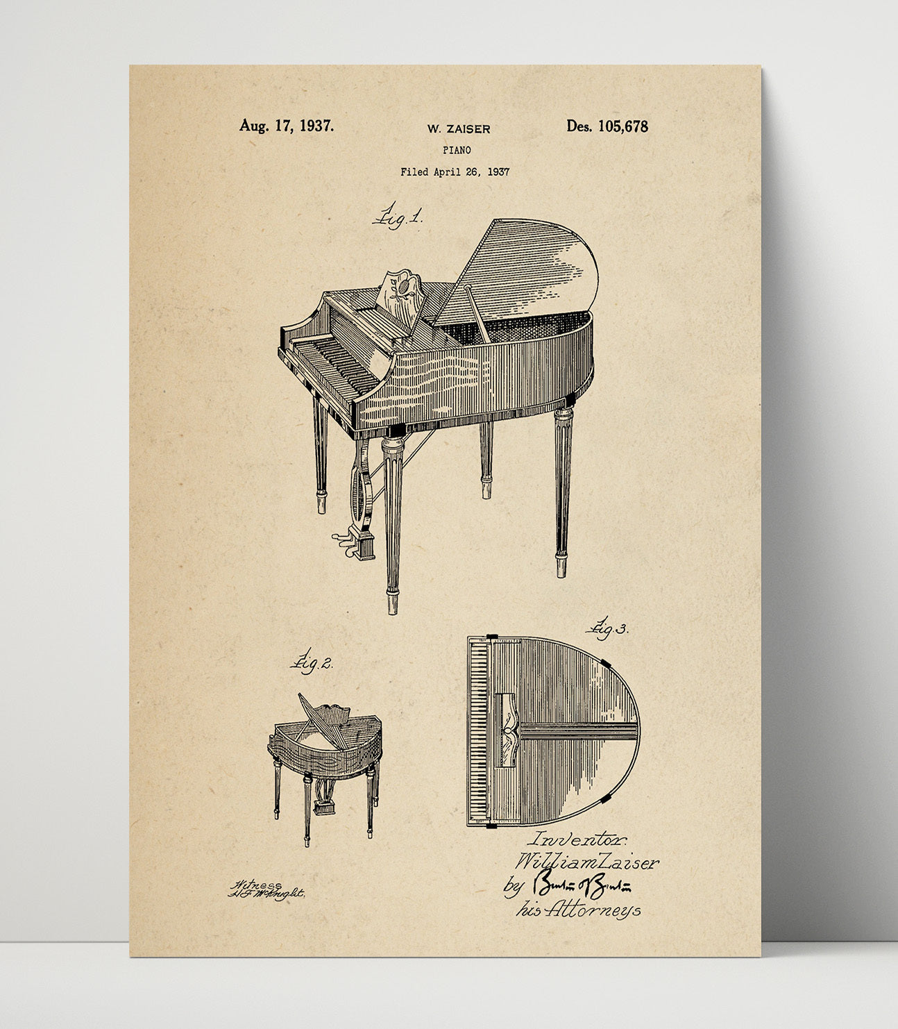 Patent Print - Piano - William Zaiser - 1937 - Patent 105678 Patent Wall Art