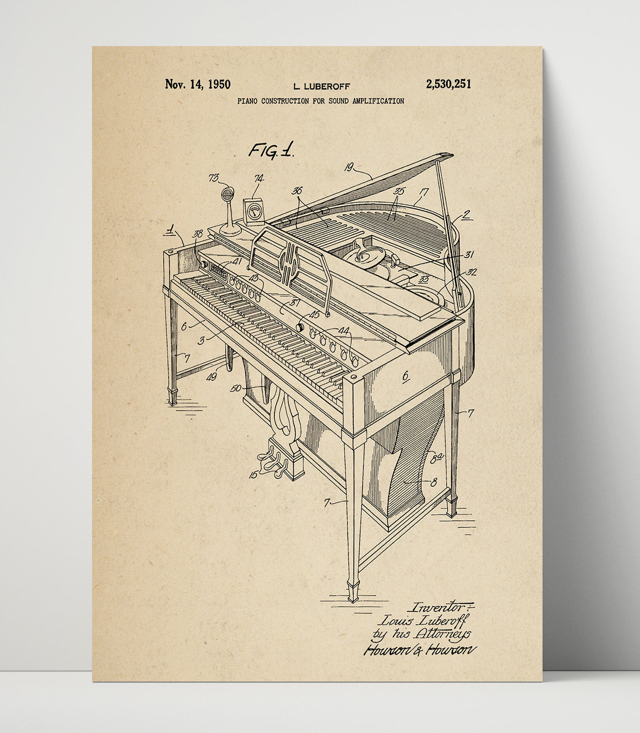 Patent Print - Piano Construction For Sound Amplification - Louis Luberoff - 1950 - Patent 2530251 Patent Wall Art