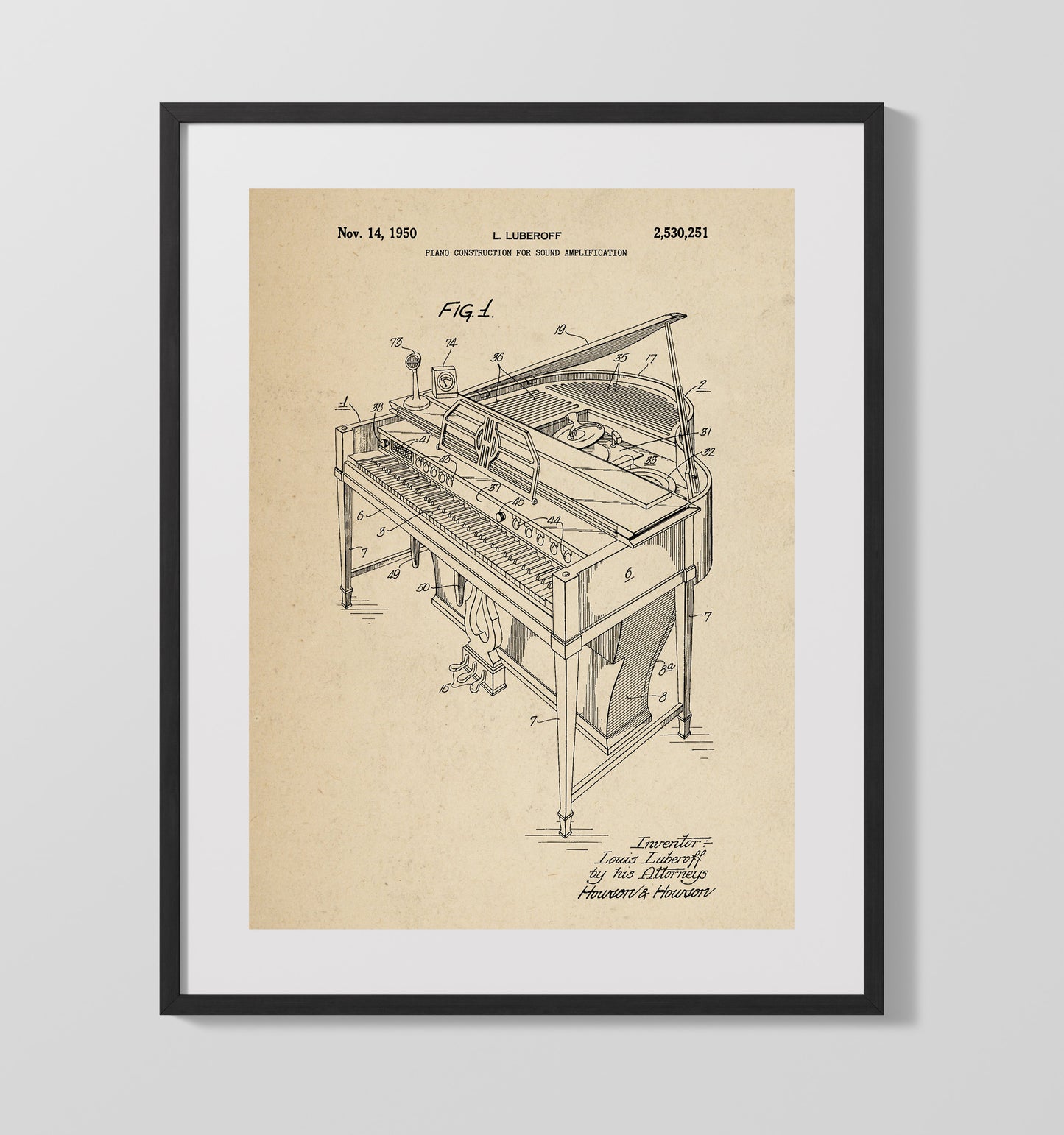 Piano Construction For Sound Amplification 1950 patent print wall art 16x20 Gallery Frame
