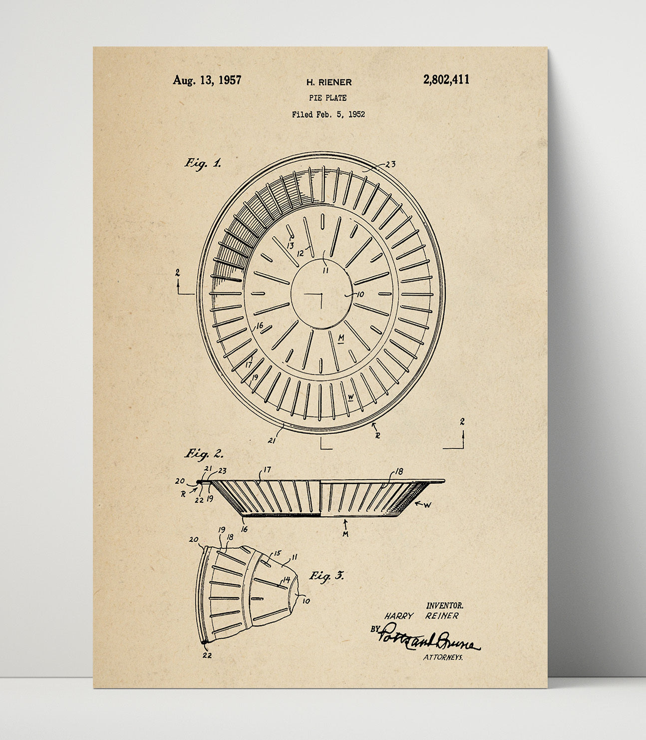 Patent Print - Pie Plate - Harry Riener - 1957 - Patent 2802411 Patent Wall Art