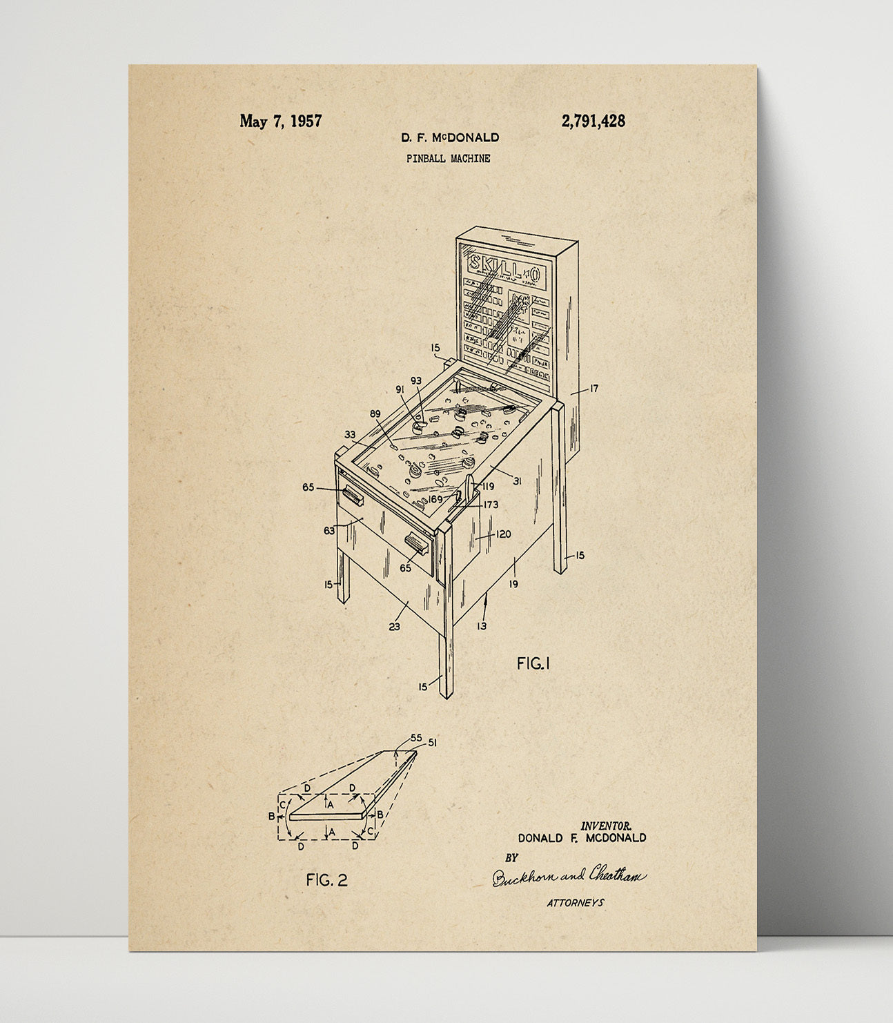 Patent Print - Pinball Machine - Donald F Mcdonald - 1957 - Patent 2791428 Patent Wall Art