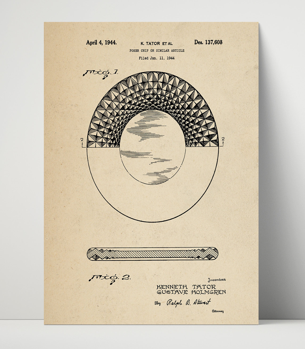 Patent Print - Poker Chip - Kenneth Tator - 1944 - Patent D137608 Patent Wall Art