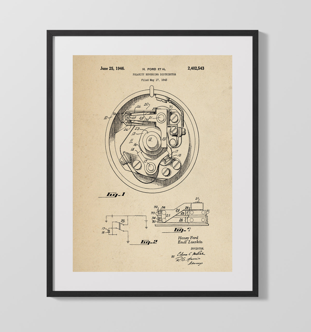 Polarity Reversing Distributor 1946 patent print wall art 16x20 Gallery Frame