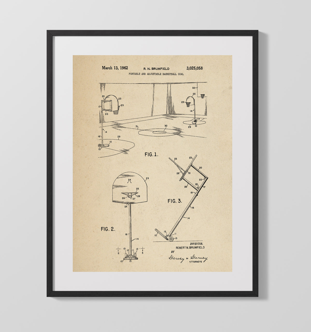 Portable Adjustable Basketball Goal 1962 patent print wall art 16x20 Gallery Frame
