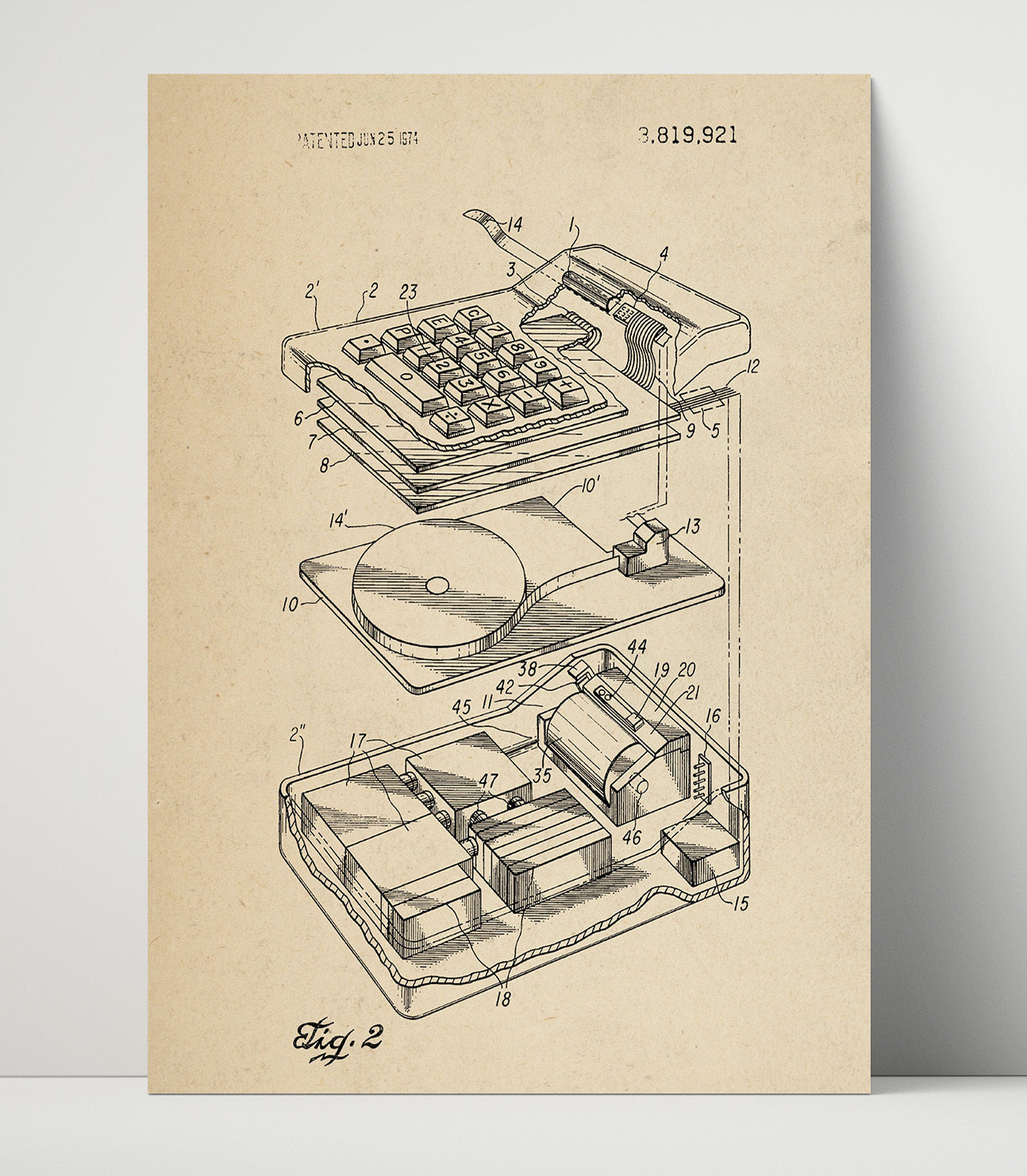 Patent Print - Portable Electronic Calculator - Unknown Inventor - 1974 - Patent 3819921 Patent Wall Art