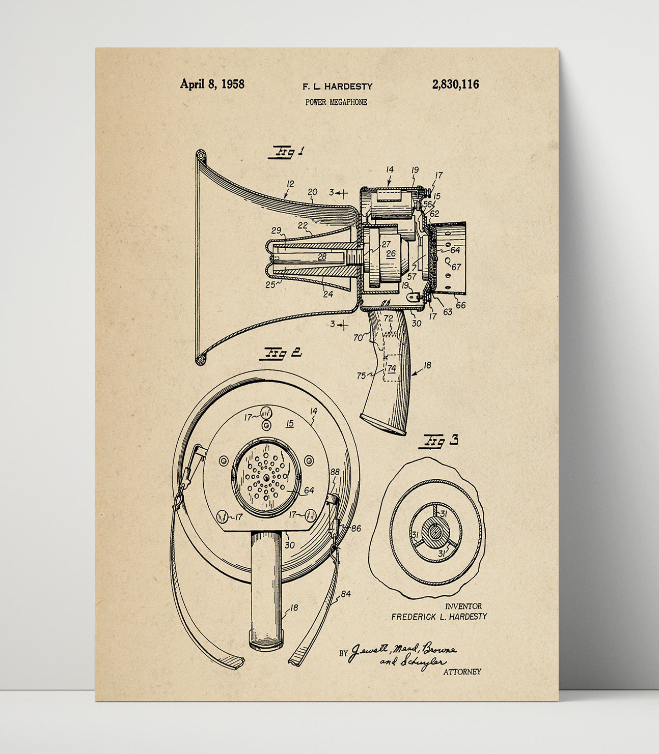 Patent Print - Power Megaphone - Frederick L. Hardesty - 1958 - Patent 2830116 Patent Wall Art