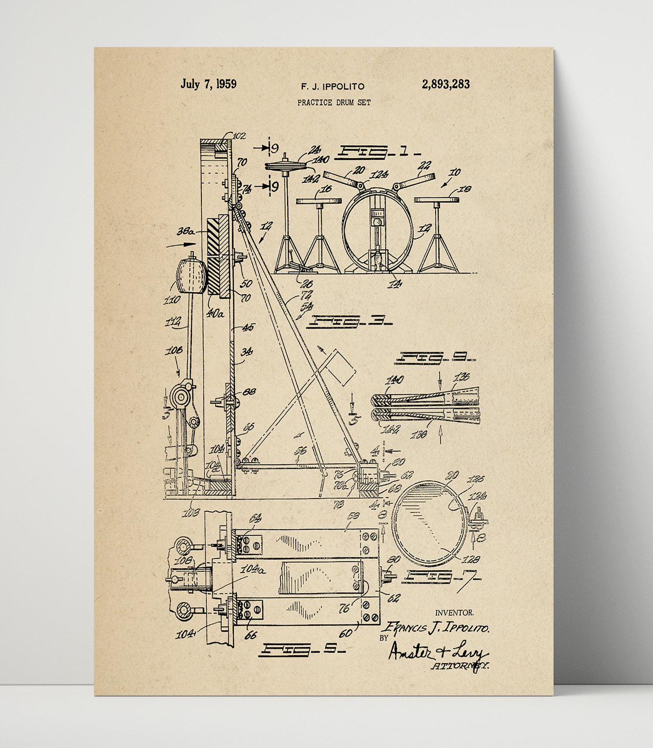Patent Print - Practice Drum Set - Francis J. Ippolito - 1959 - Patent 2893283 Patent Wall Art