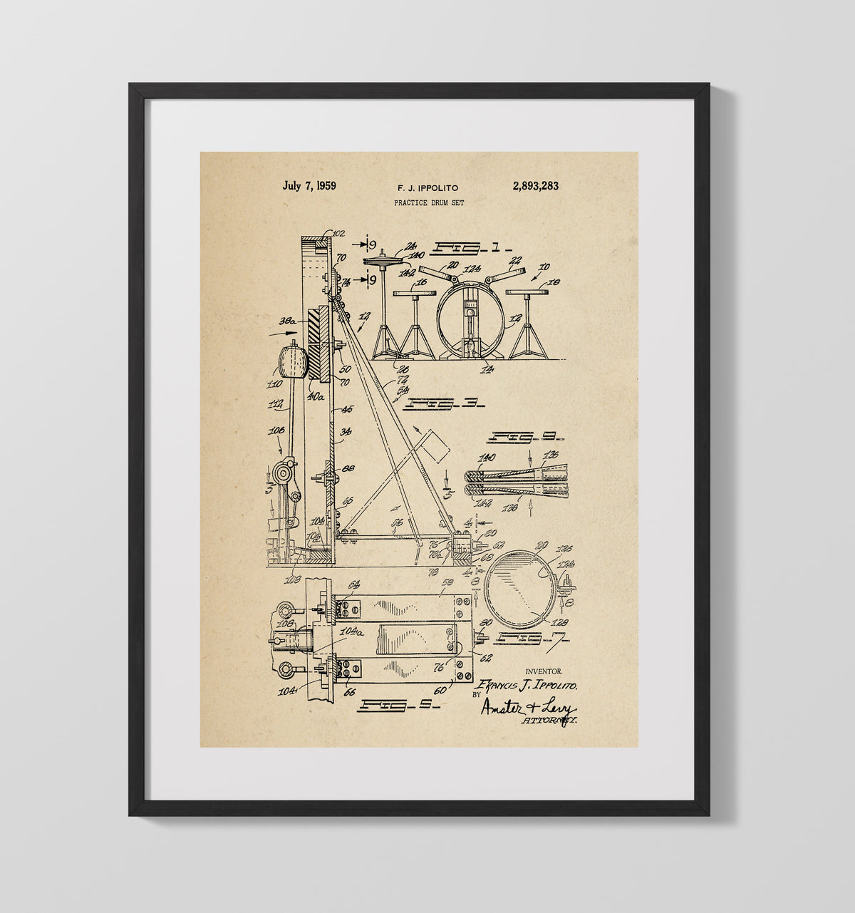 Practice Drum Set 1959 patent print wall art 16x20 Gallery Frame