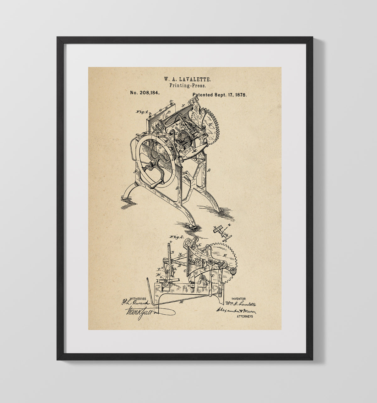 Printing Press 1878 patent print wall art 16x20 Gallery Frame