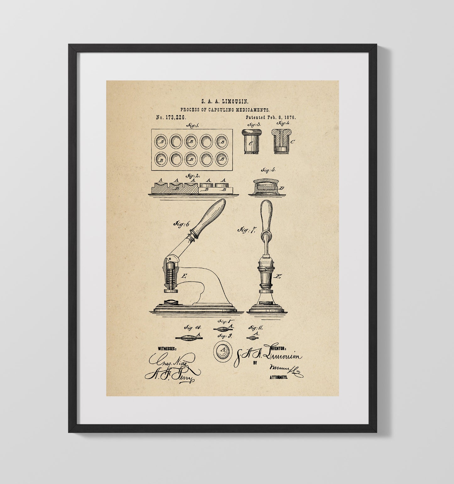 Process Of Capsuling Medicaments 1876 patent print wall art 16x20 Gallery Frame