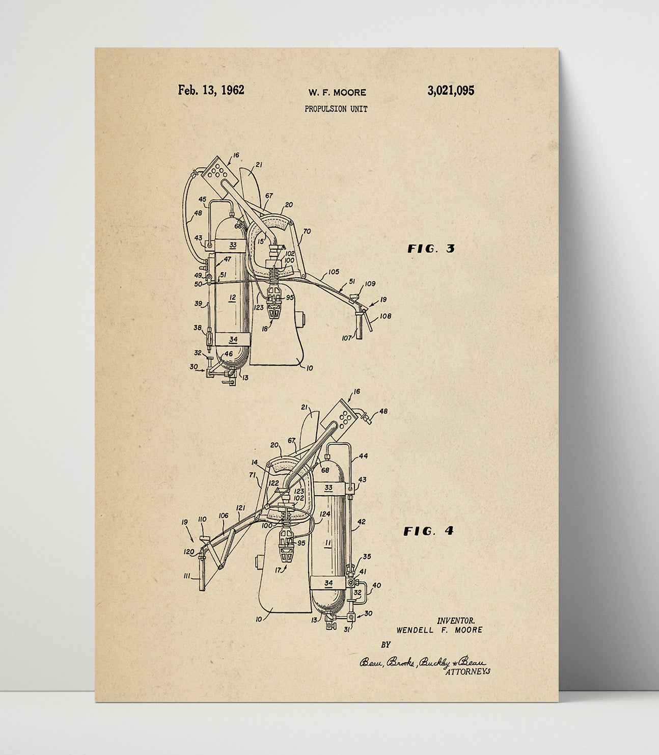 Patent Print - Propulsion Unit Side View - Wendell F Moore - 1962 - Patent 3021095 - Portrait Alt 3 Patent Wall Art