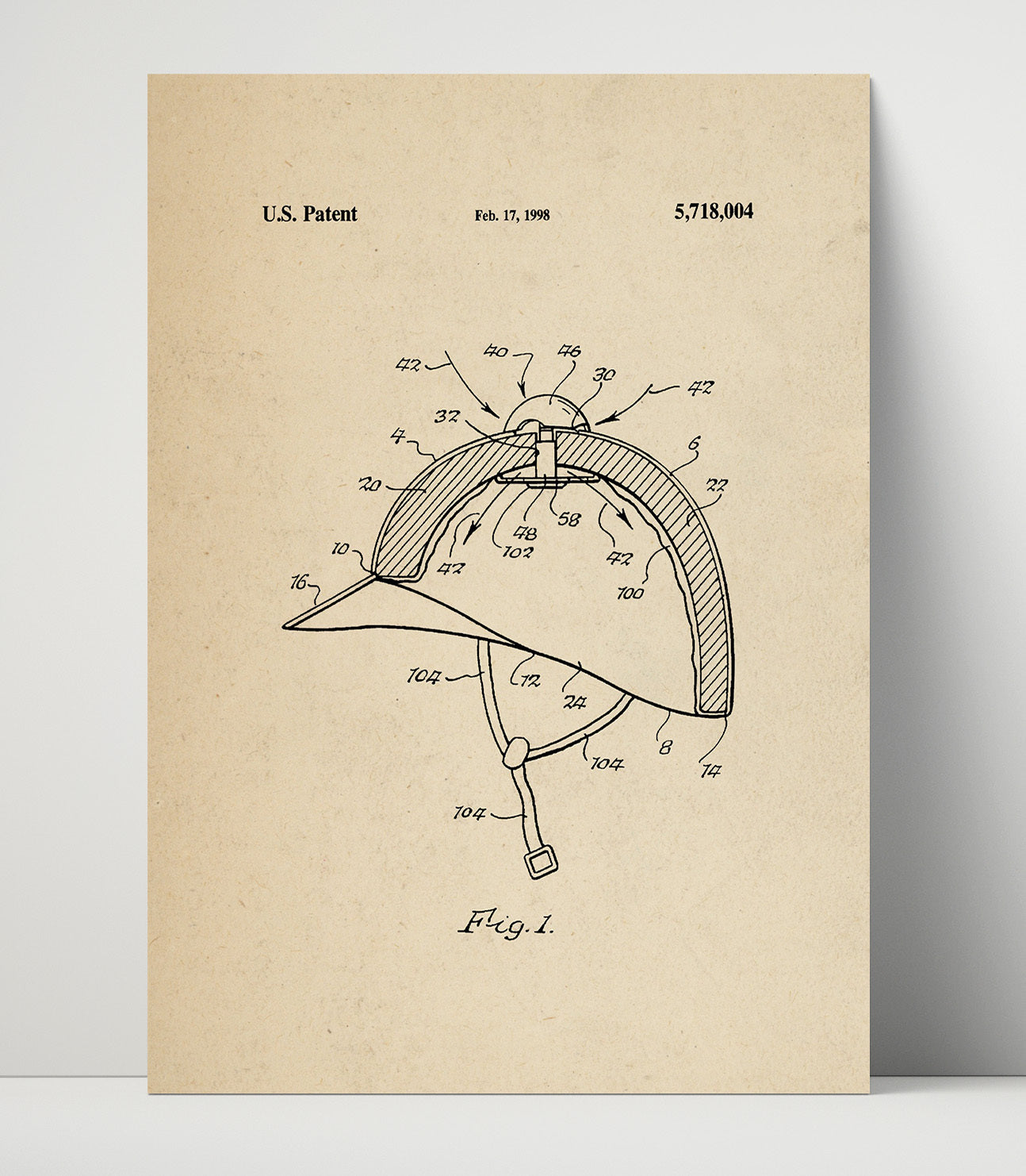 Patent Print - Protective Riding Helmet - Unknown - 1998 - Patent 5718004 Patent Wall Art