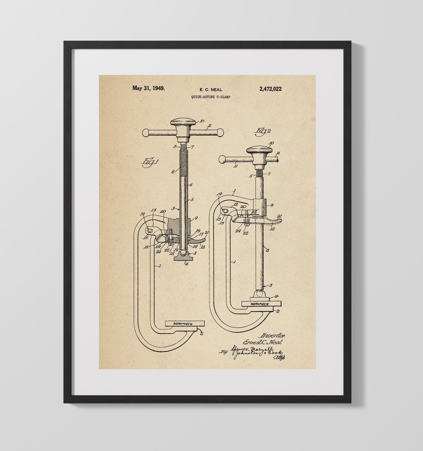 Quick-Acting C-Clamp 1949 patent print wall art 16x20 Gallery Frame