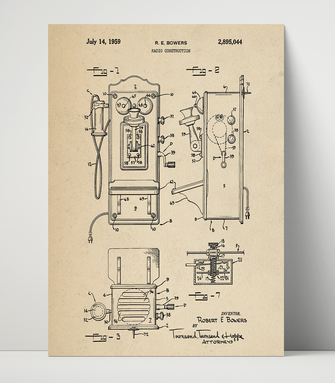 Patent Print - Radio Construction - Robert E Bowers - 1959 - Patent 2895044 Patent Wall Art