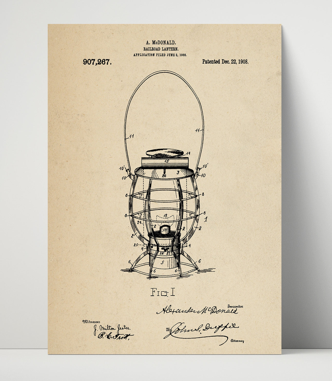 Patent Print - Railroad Lantern - A. Mcdonald - 1908 - Patent 907267 Patent Wall Art