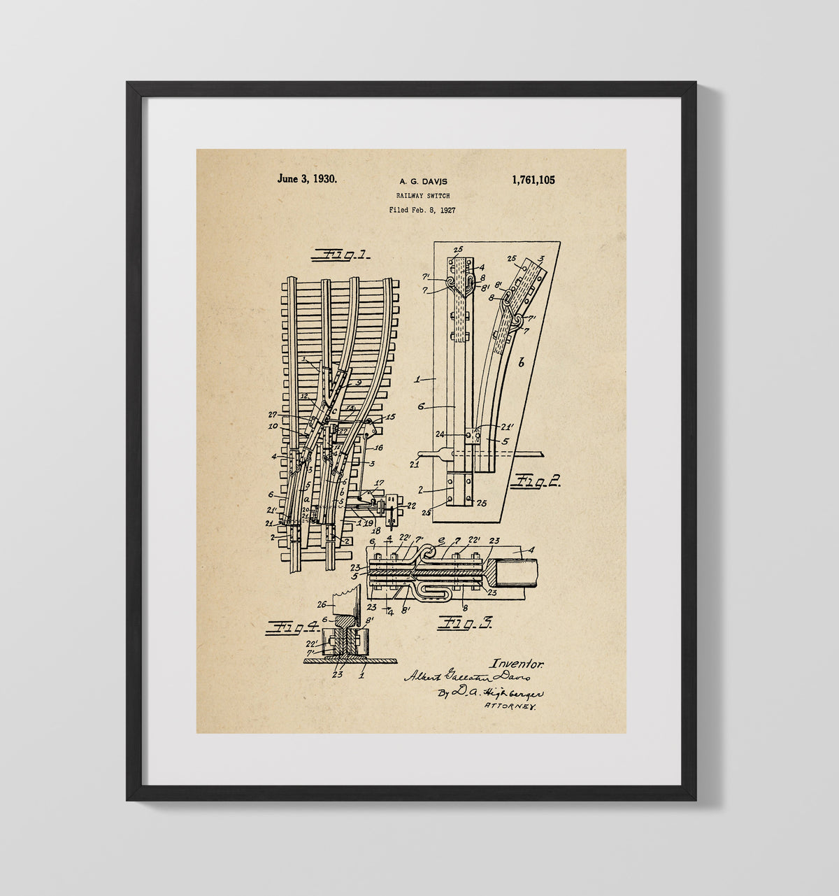 Railway Switch 1930 patent print wall art 16x20 Gallery Frame