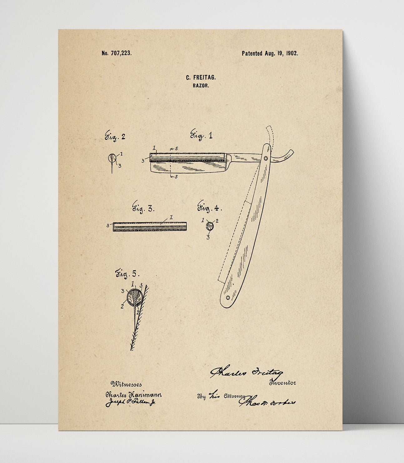 Patent Print - Razor - Charles Freitag - 1902 - Patent 707223 Patent Wall Art