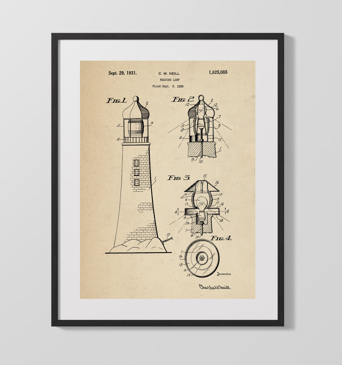 Reading Lamp Lighthouse 1931 patent print wall art 16x20 Gallery Frame