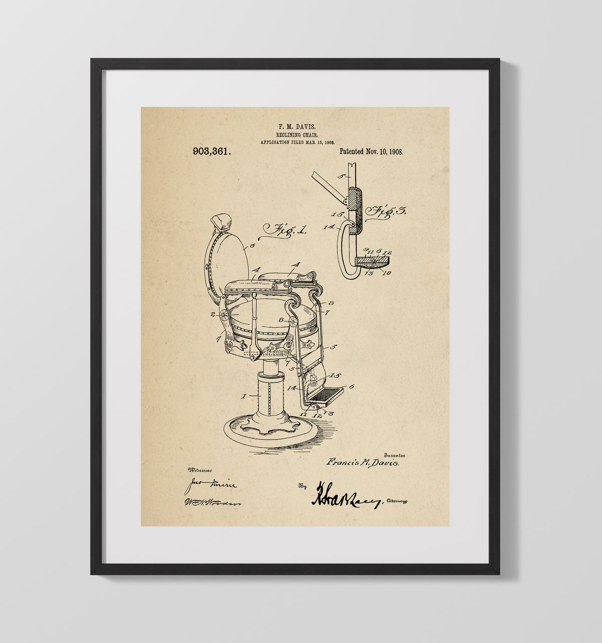 Reclining Chair 1908 patent print wall art 16x20 Gallery Frame