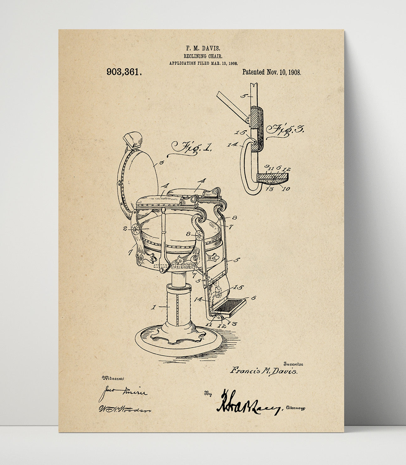 Patent Print - Reclining Chair - F. M. Davis - 1908 - Patent 903361 Patent Wall Art