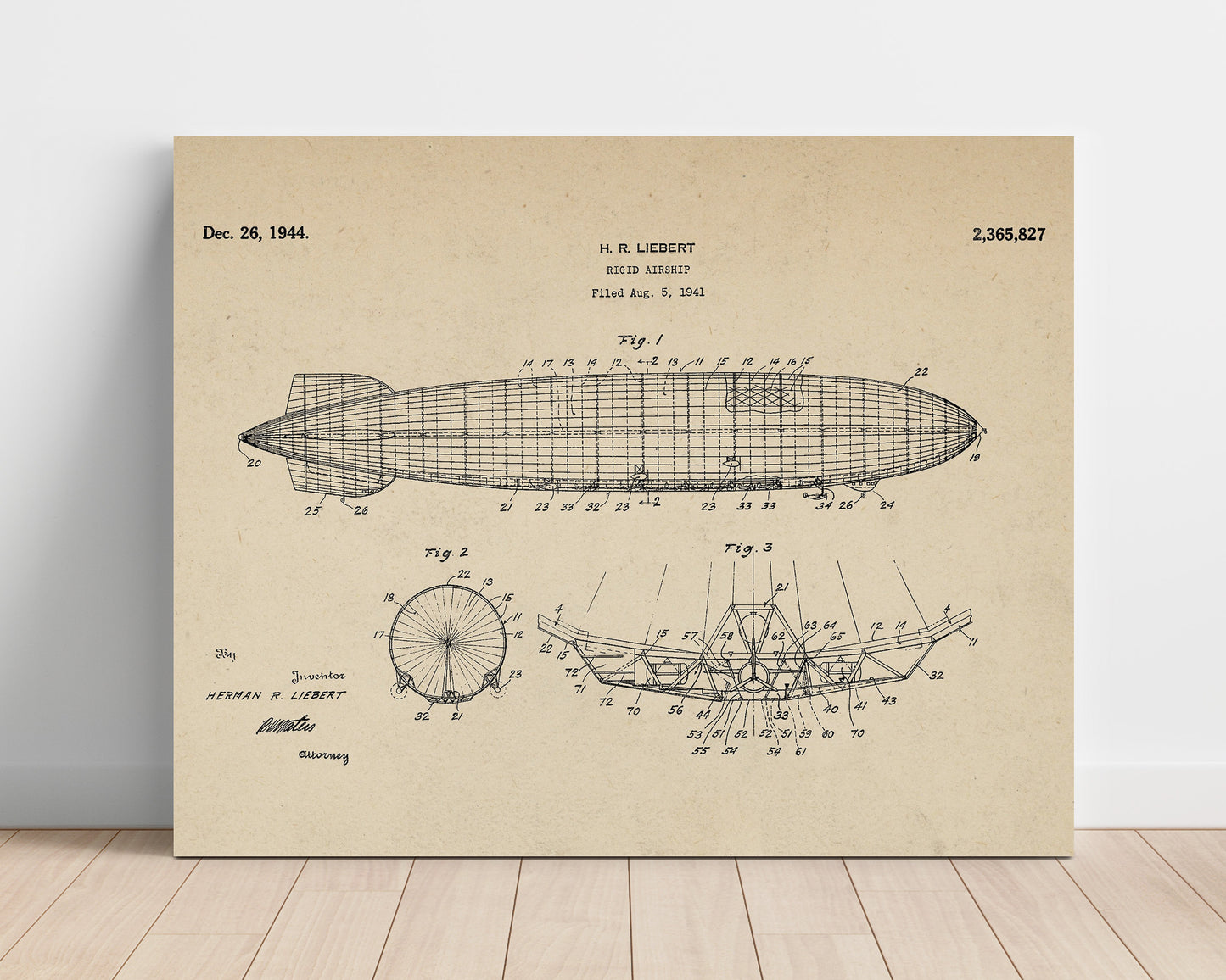 Patent Print - Rigid Airship - Herman R Liebert - 1944 - Patent 2365827 - Landscape Patent Wall Art