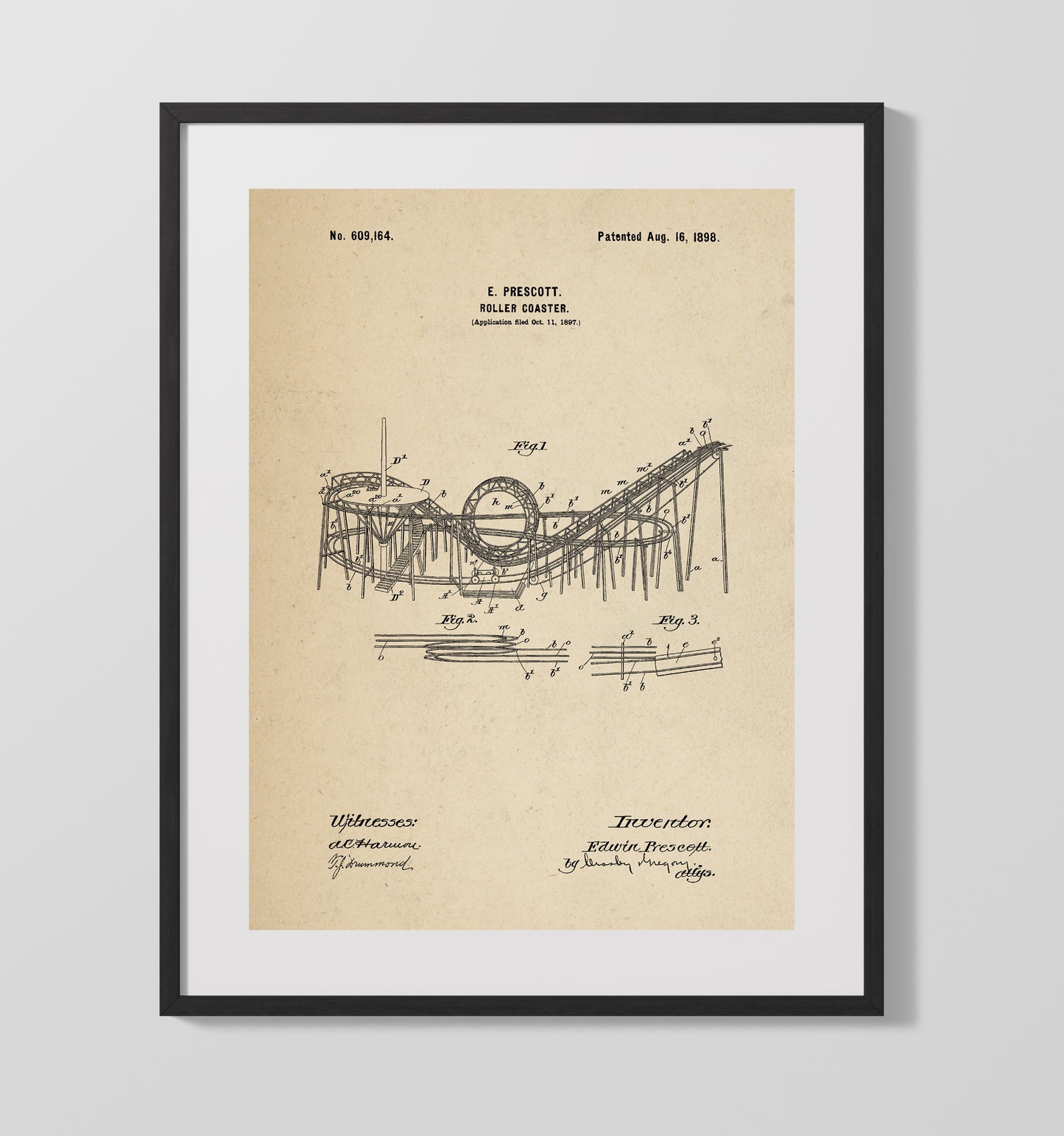 Roller Coaster 1898 patent print wall art 16x20 Gallery Frame